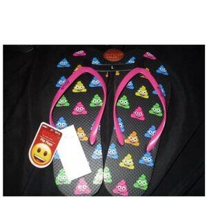 NEW Ladies Emoji Size Large Sandals Shoes Strappy Flip Flop Poop Hot Pink Black